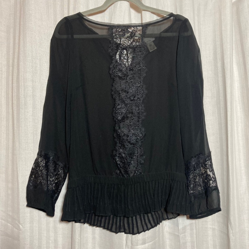 Whimsigoth Cache Black 100% Silk Lace Trim Peplum Blouse Sheer Long Sleeve Top S